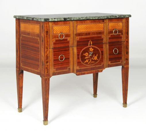Chest of drawers in Louis XVI style, marquetry, France, 19th century - France
Marble, exotic woods
End of 19th century